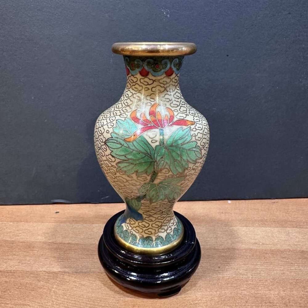 Vintage Chinese Cloisonne Enamel Vase Lotus Floral With Wood Stand 4.25"